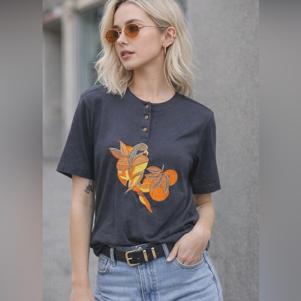 Womens Black Henley Tee with Orange Botanical Print